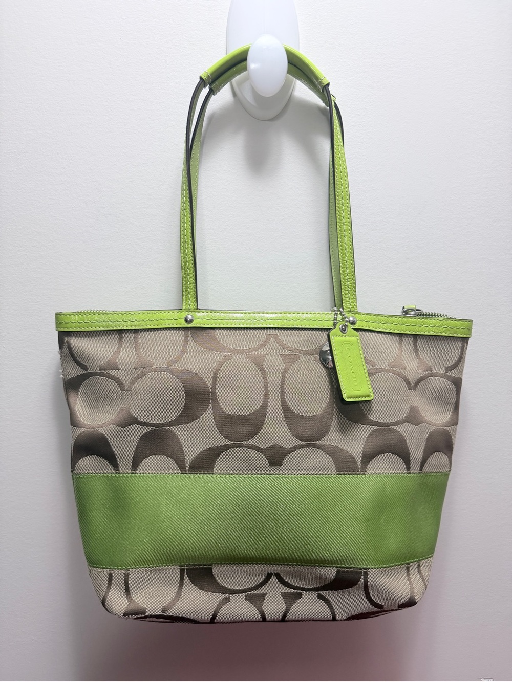 Y2K Coach Signature Stripe Tote Khaki Lime Green Trim 9.5x14